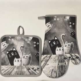 Set gant + manique motif chat