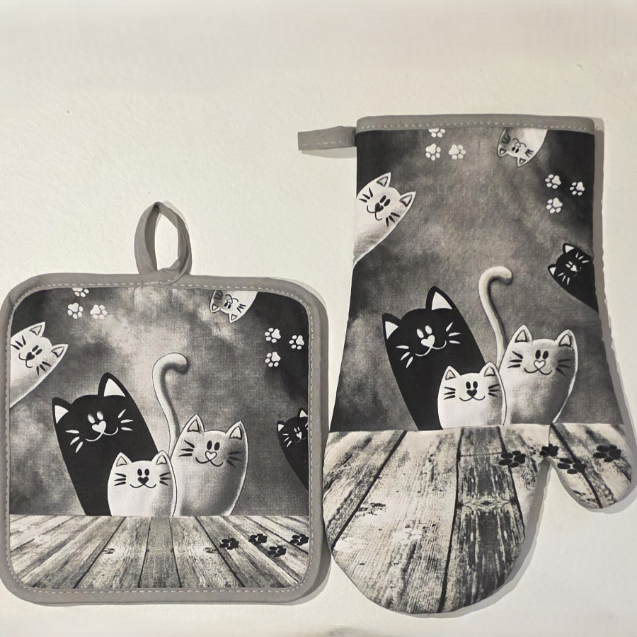 Set gant + manique motif chat